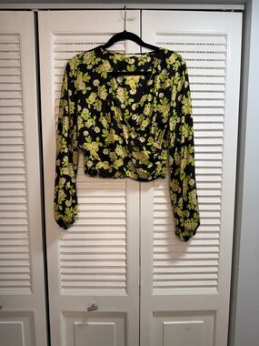 Mango Black Wrap Blouse with Lime Green Floral Print